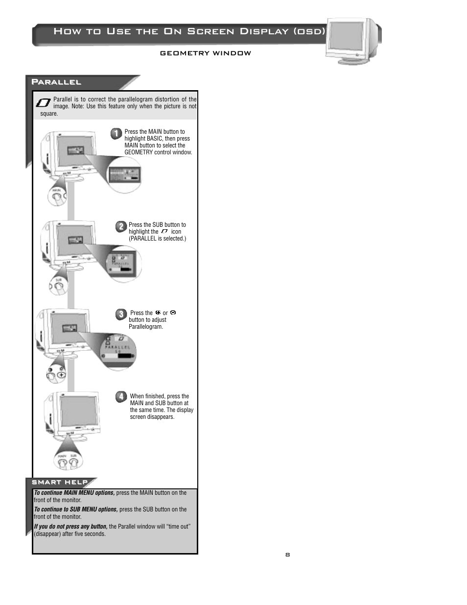 How to use the on screen display (osd), Par ar allel allel | Philips 15C3220W User Manual | Page 8 / 15