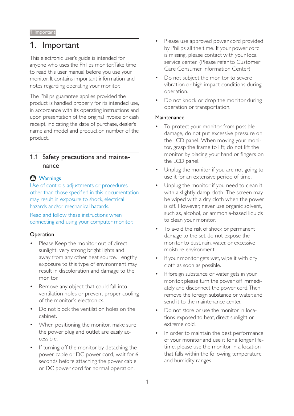 Important, 1 safety precautions and mainte- nance | Philips 190V4LSB-27 User Manual | Page 3 / 36