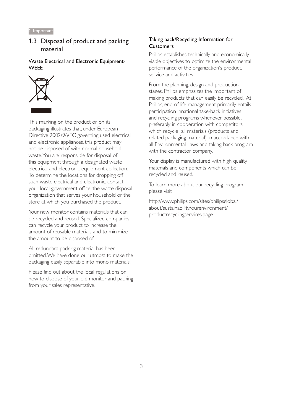 3 disposal of product and packing material | Philips 190V4LSB-27 User Manual | Page 5 / 36