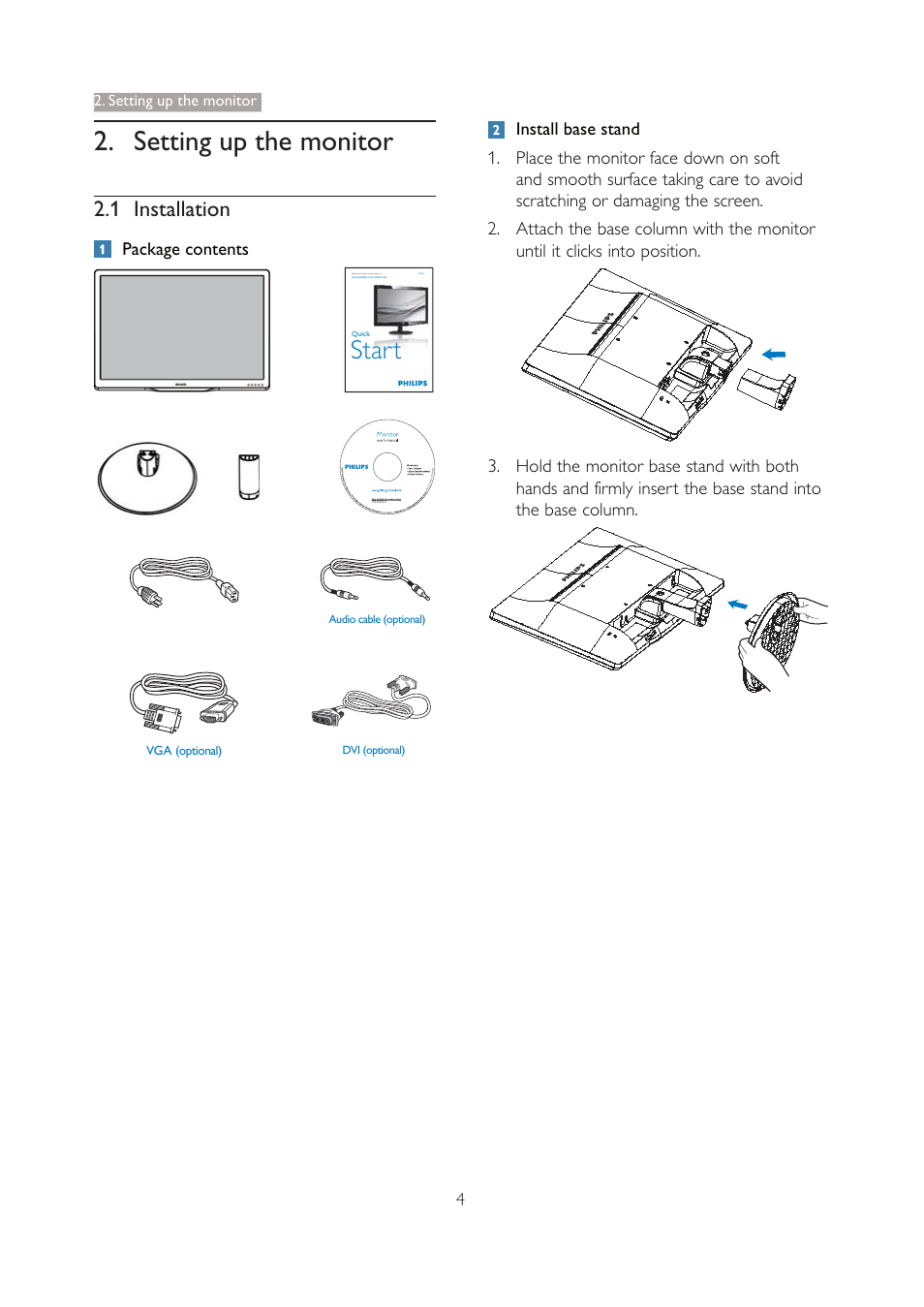 Setting up the monitor, Start, 1 installation | Philips 190V4LSB-27 User Manual | Page 6 / 36