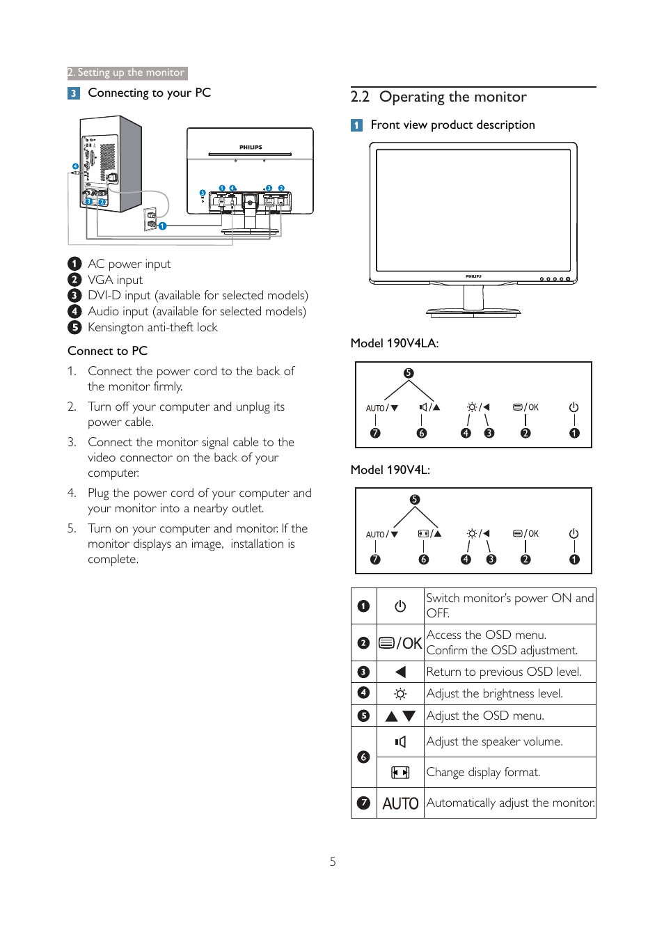 2 operating the monitor | Philips 190V4LSB-27 User Manual | Page 7 / 36