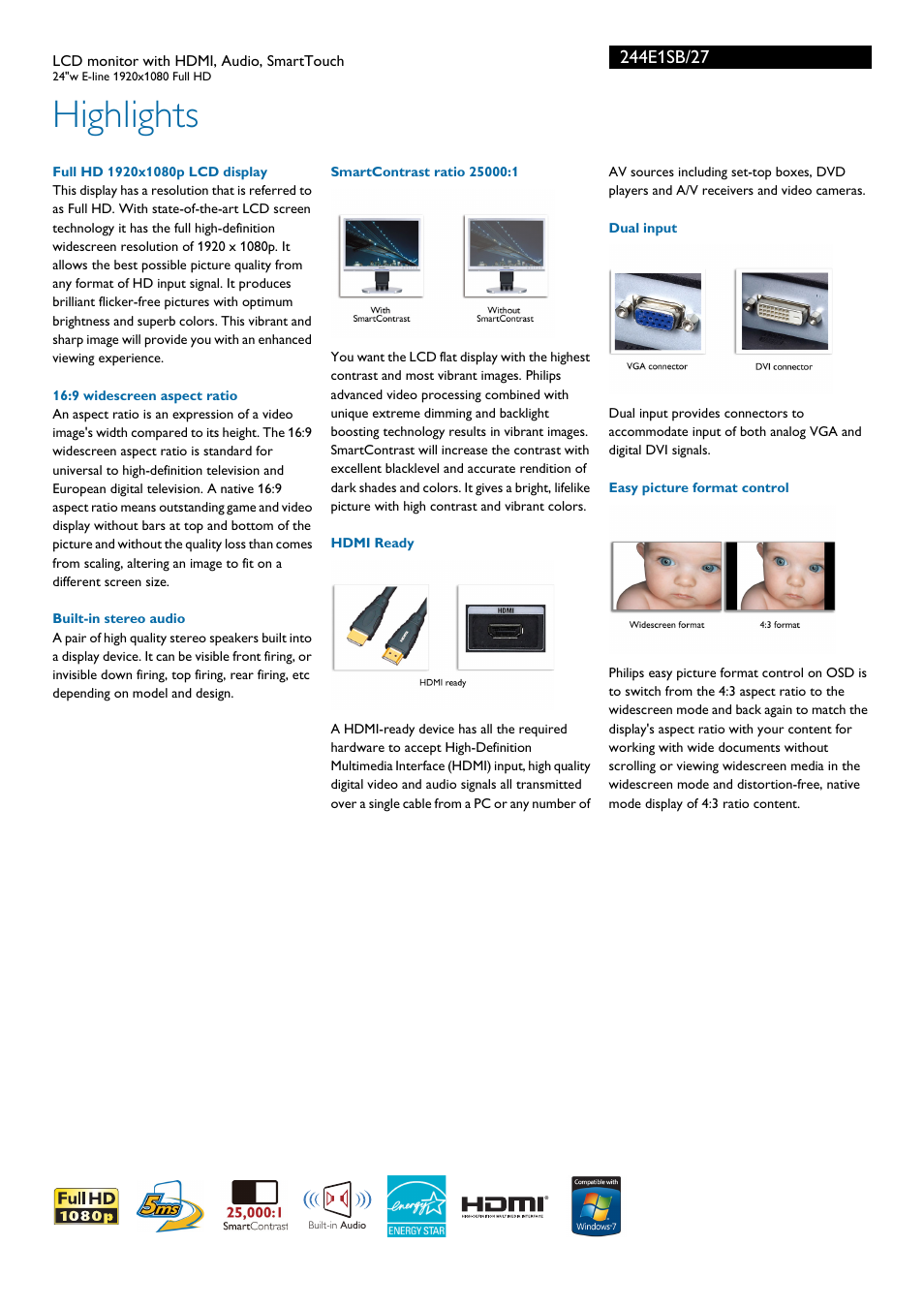 Highlights | Philips 244E1SB-27 User Manual | Page 2 / 3