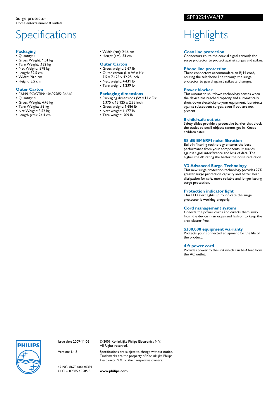 Specifications, Highlights | Philips SPP3221WA-17 User Manual | Page 2 / 2