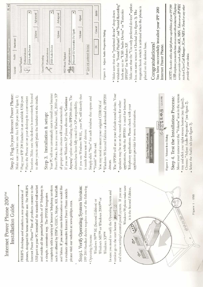 Operating systems, Version go to the start button :3^start, Step 2. plug in your internet power phone | Step 4. test the installation process, Internet power phone 200™ installation guide, Stepl. verify operating system version, Step 2, Plug in your internet power phone, Step 3. installation & setup | Philips US2-VOIP001 User Manual | Page 4 / 4