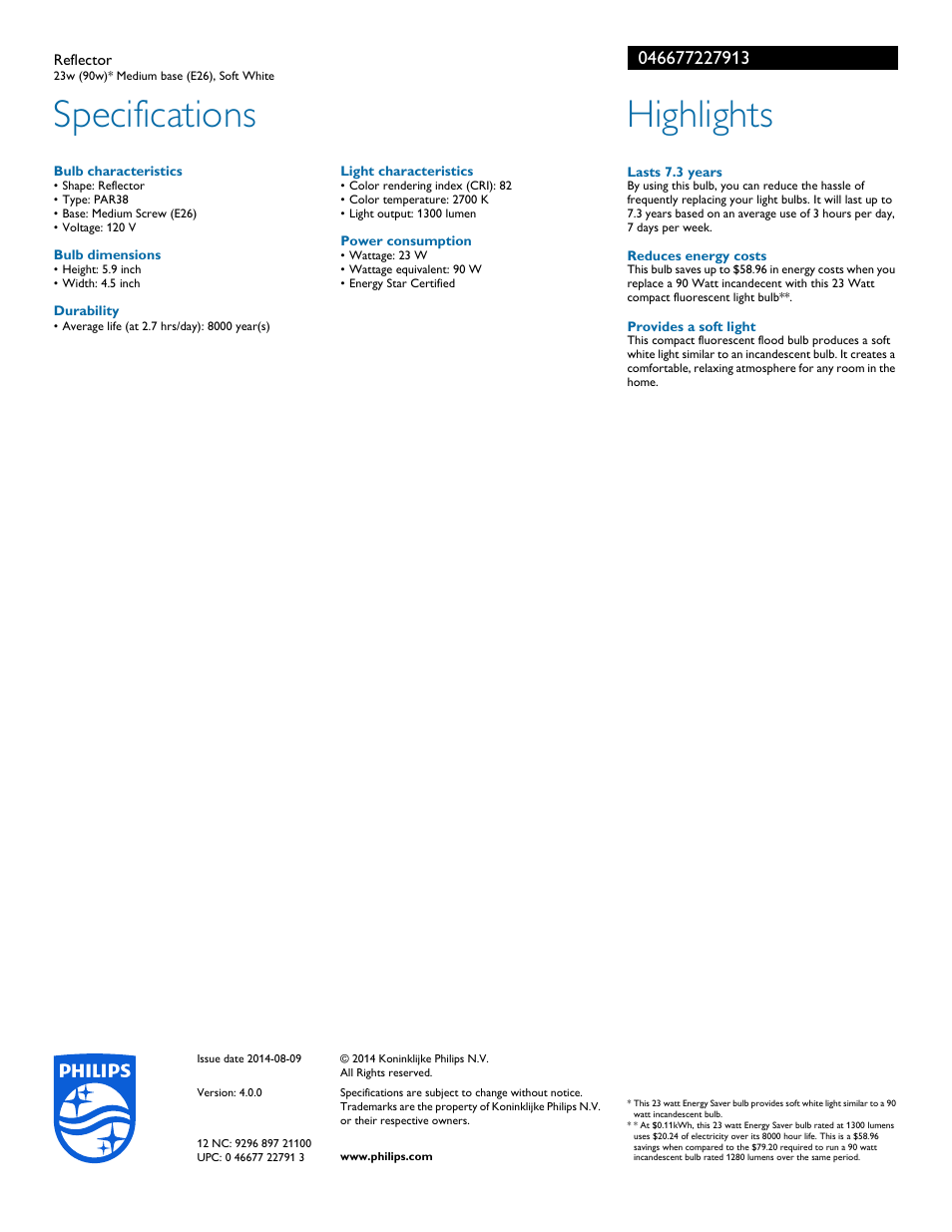 Specifications, Highlights | Philips 046677227913 User Manual | Page 2 / 2
