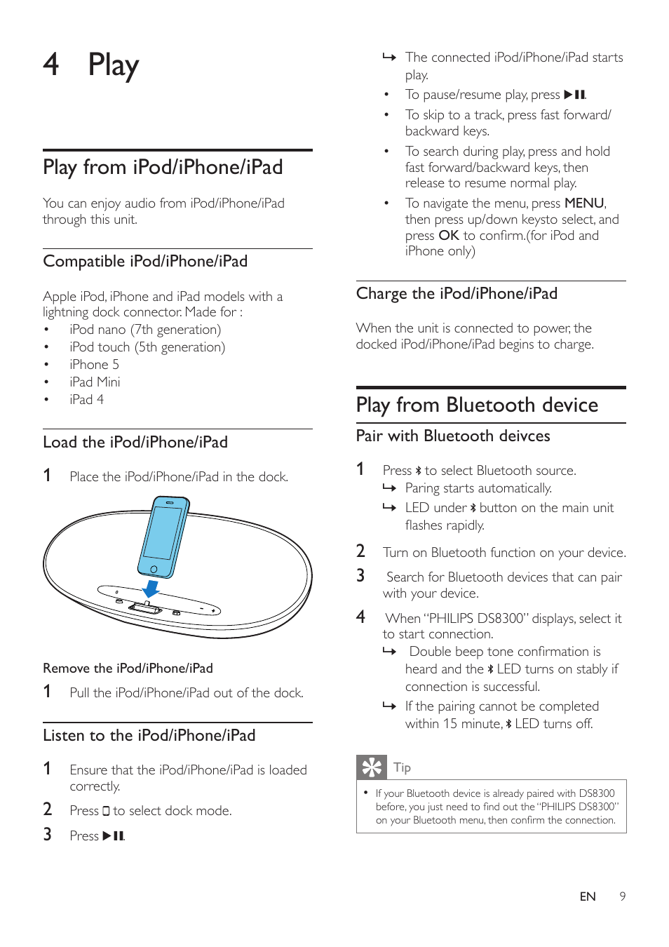 4 play, Play from ipod/iphone/ipad, Play from bluetooth device | Philips DS8300-37 User Manual | Page 11 / 16