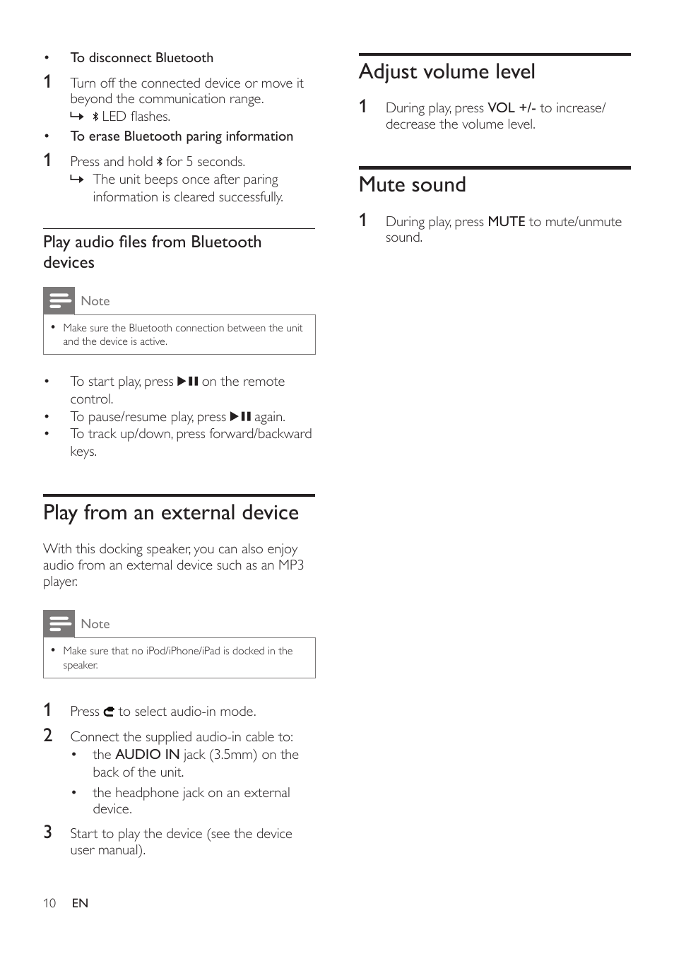 Play from an external device, Adjust volume level, Mute sound | Philips DS8300-37 User Manual | Page 12 / 16