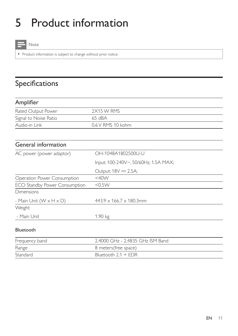 5 product information, Specifications | Philips DS8300-37 User Manual | Page 13 / 16
