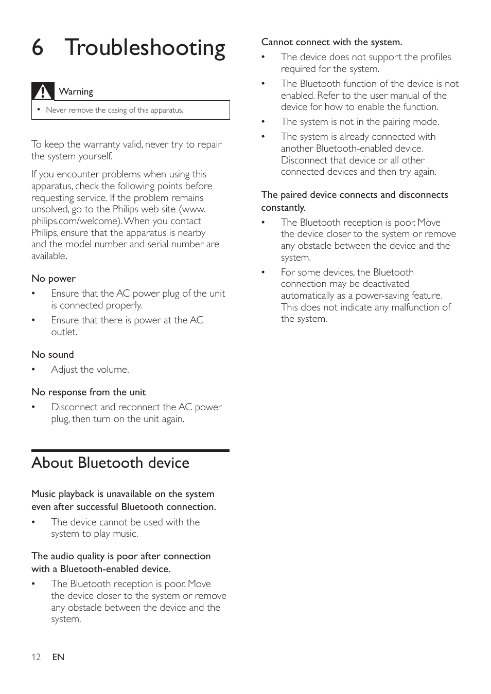 6 troubleshooting, About bluetooth device | Philips DS8300-37 User Manual | Page 14 / 16