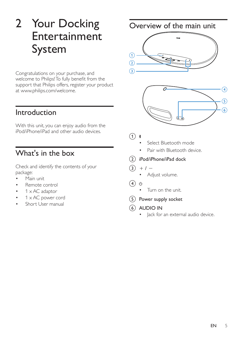 2 your docking entertainment system, Introduction, What's in the box | Overview of the main unit, Introduction 5 | Philips DS8300-37 User Manual | Page 7 / 16