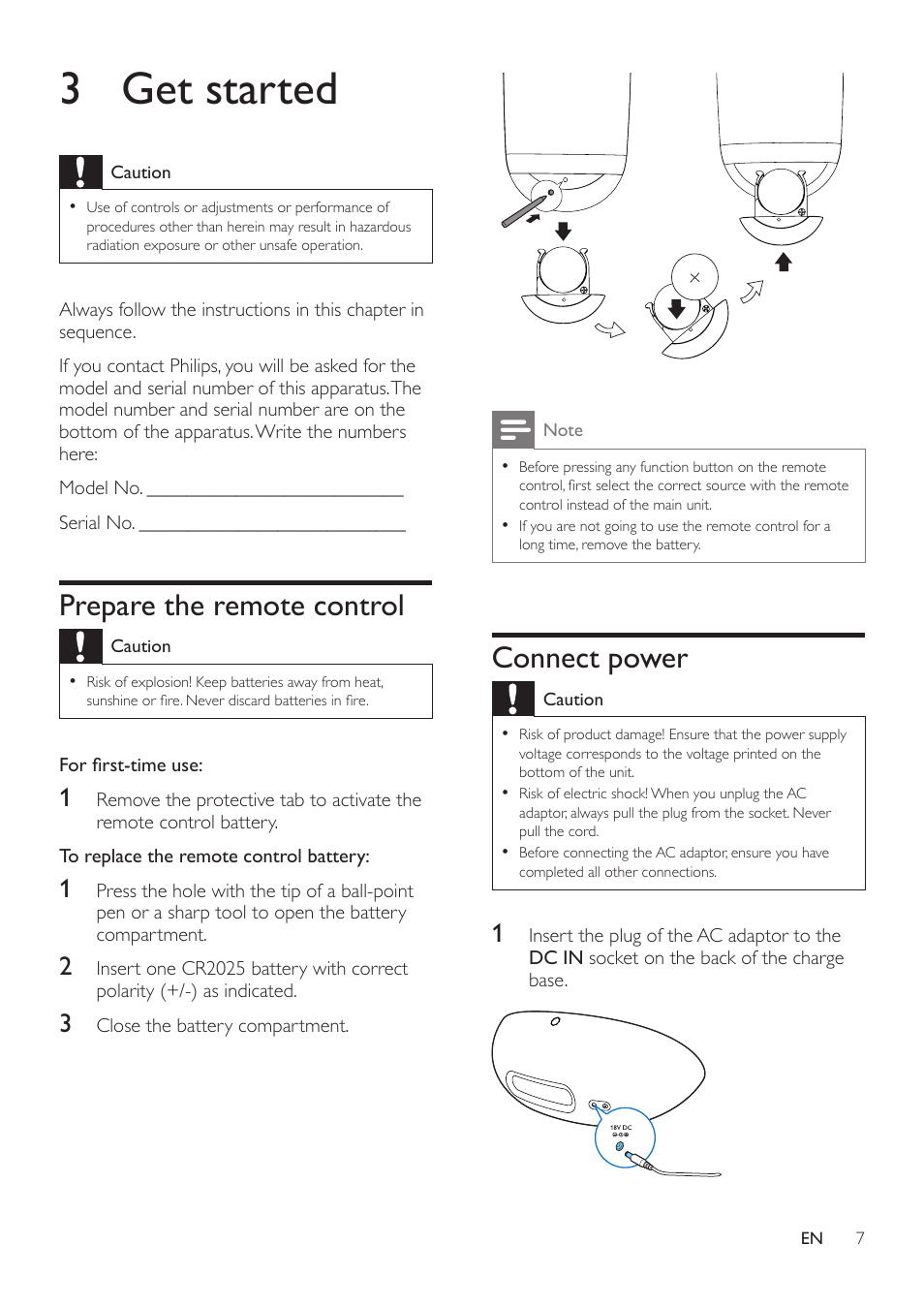 3 get started, Prepare the remote control, Connect power | Philips DS8300-37 User Manual | Page 9 / 16