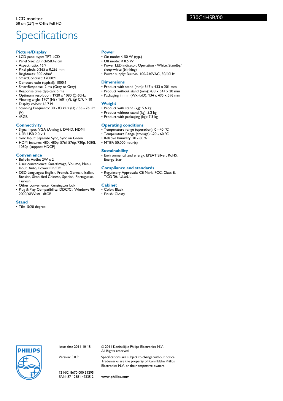 Specifications | Philips 230C1HSB-00 User Manual | Page 3 / 3