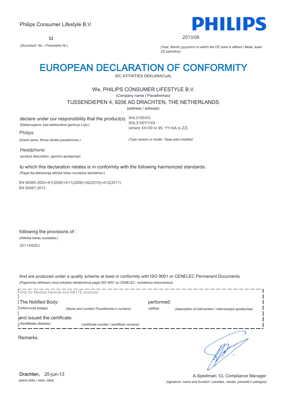 European declaration of conformity | Philips SHL3100-28 User Manual | Page 11 / 21