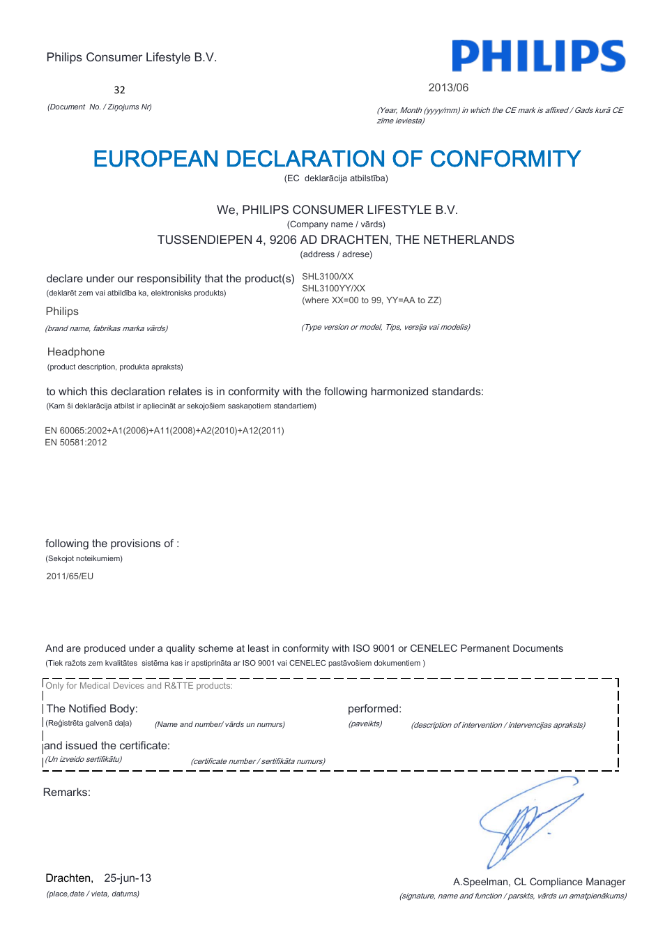 European declaration of conformity | Philips SHL3100-28 User Manual | Page 12 / 21