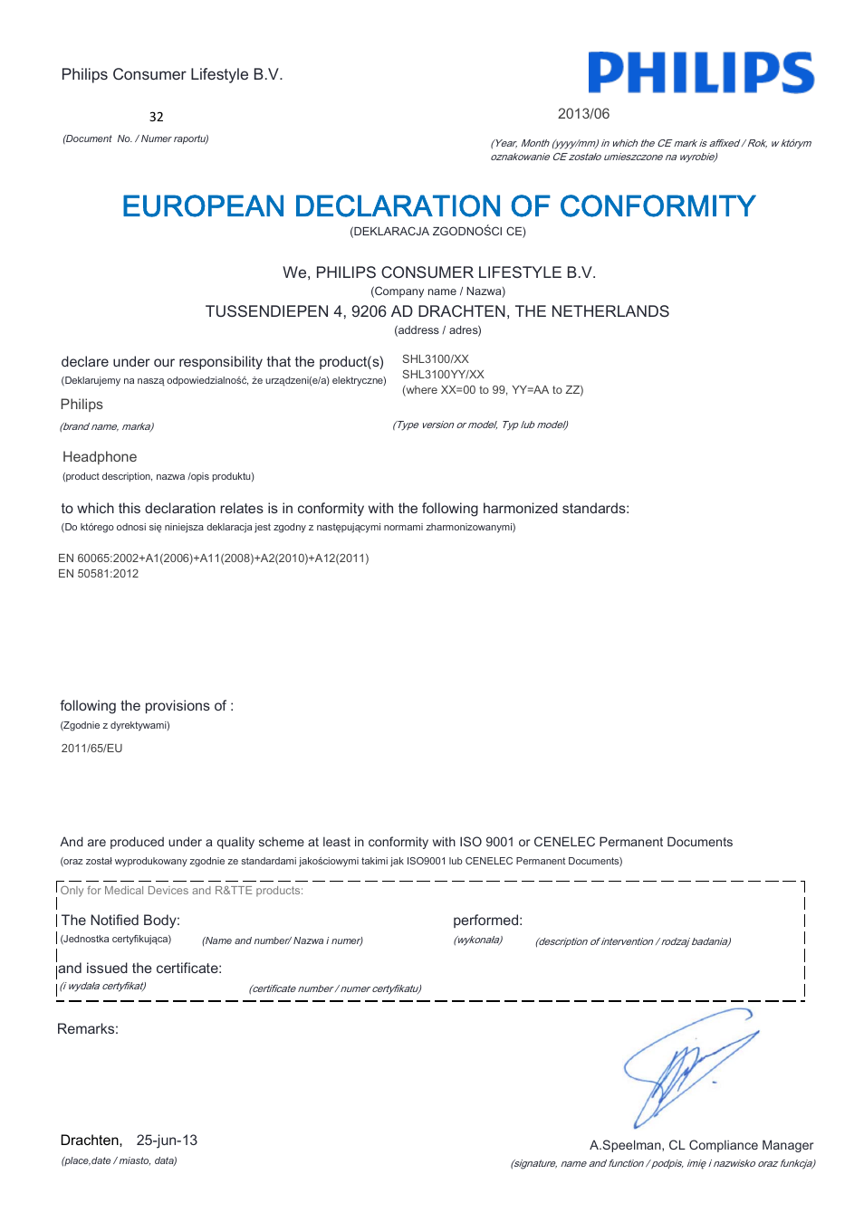 European declaration of conformity | Philips SHL3100-28 User Manual | Page 13 / 21