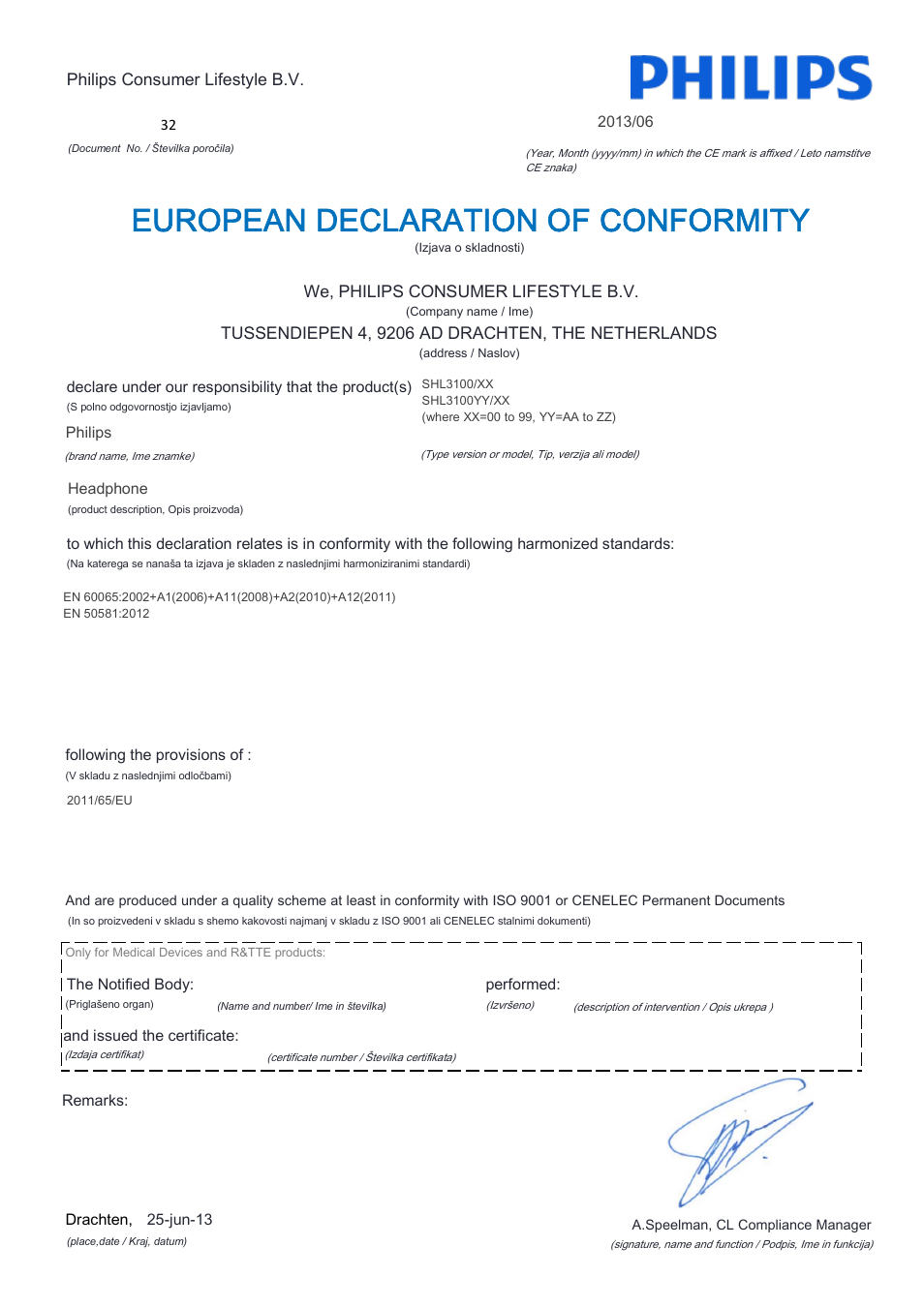 European declaration of conformity | Philips SHL3100-28 User Manual | Page 18 / 21