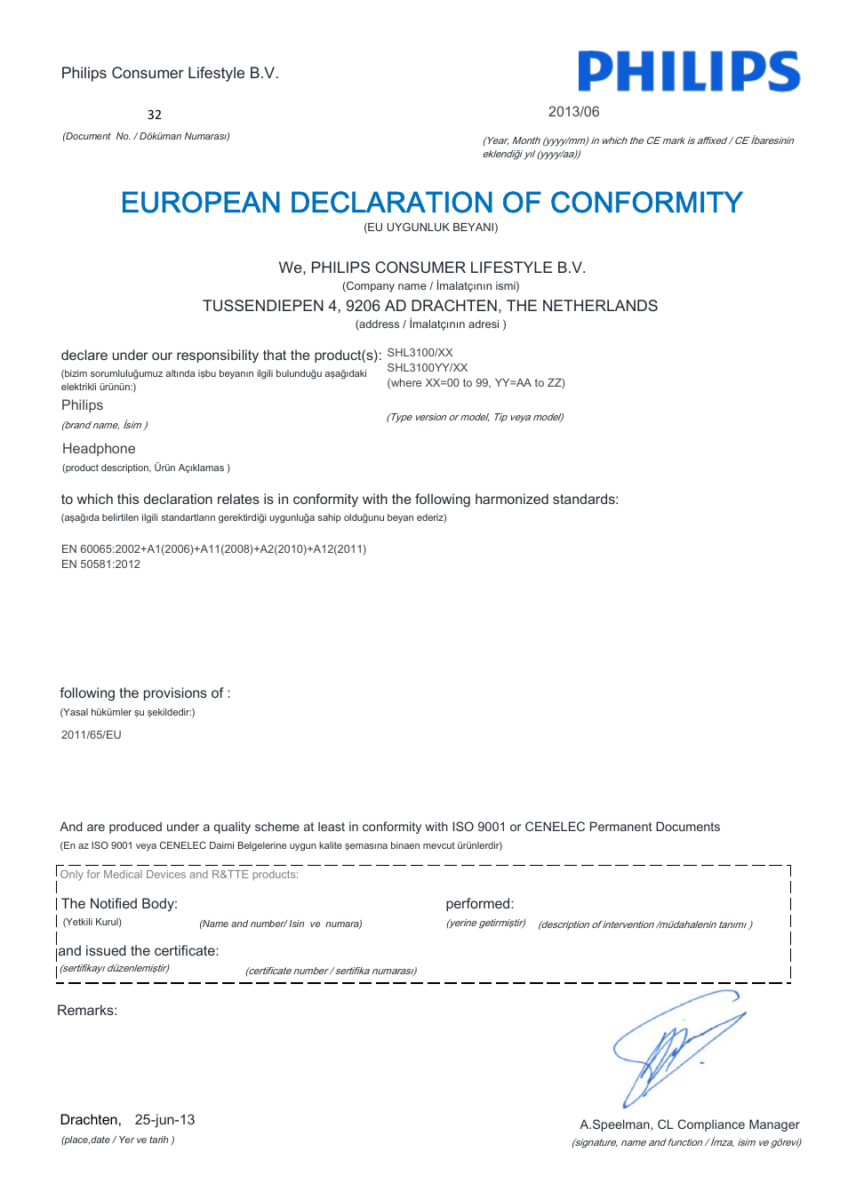 European declaration of conformity | Philips SHL3100-28 User Manual | Page 19 / 21