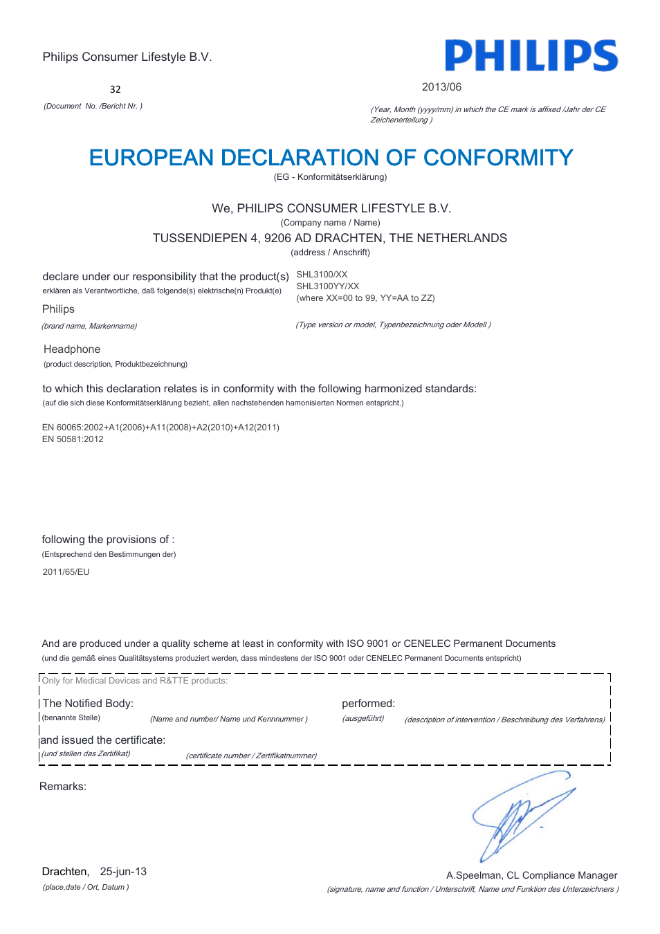 European declaration of conformity | Philips SHL3100-28 User Manual | Page 2 / 21