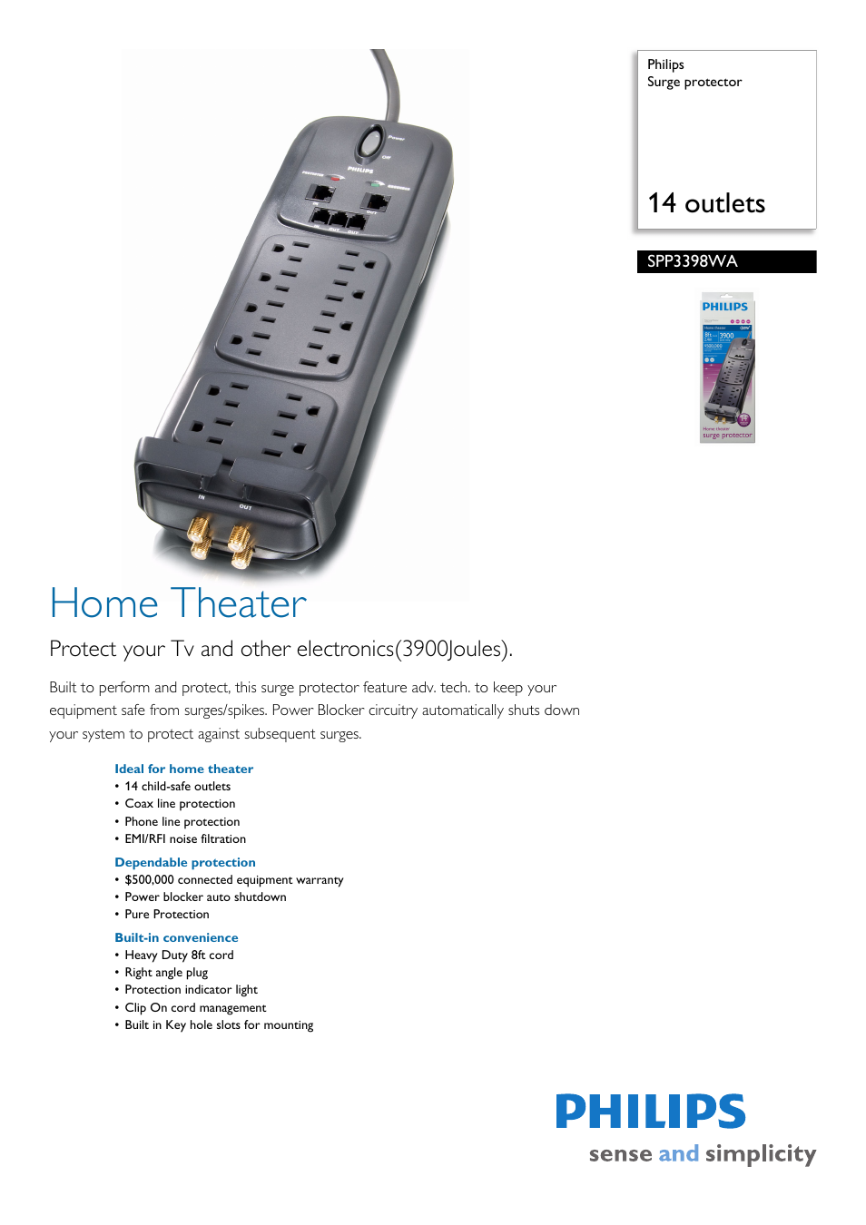 Philips Surge protector SPP3398WA 14 outlets User Manual | 2 pages