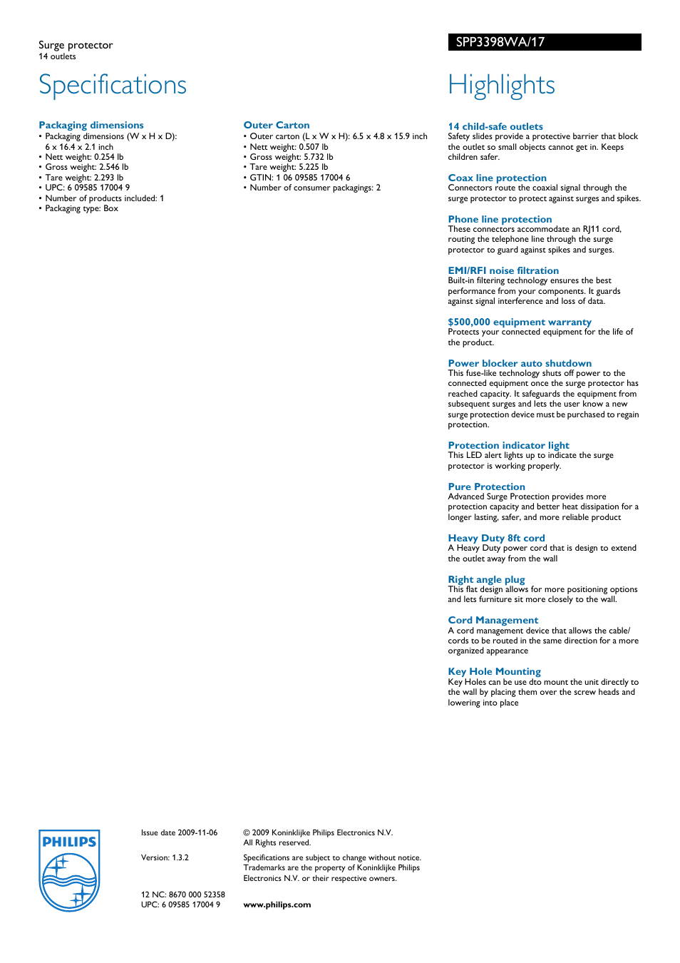 Specifications, Highlights | Philips Surge protector SPP3398WA 14 outlets User Manual | Page 2 / 2