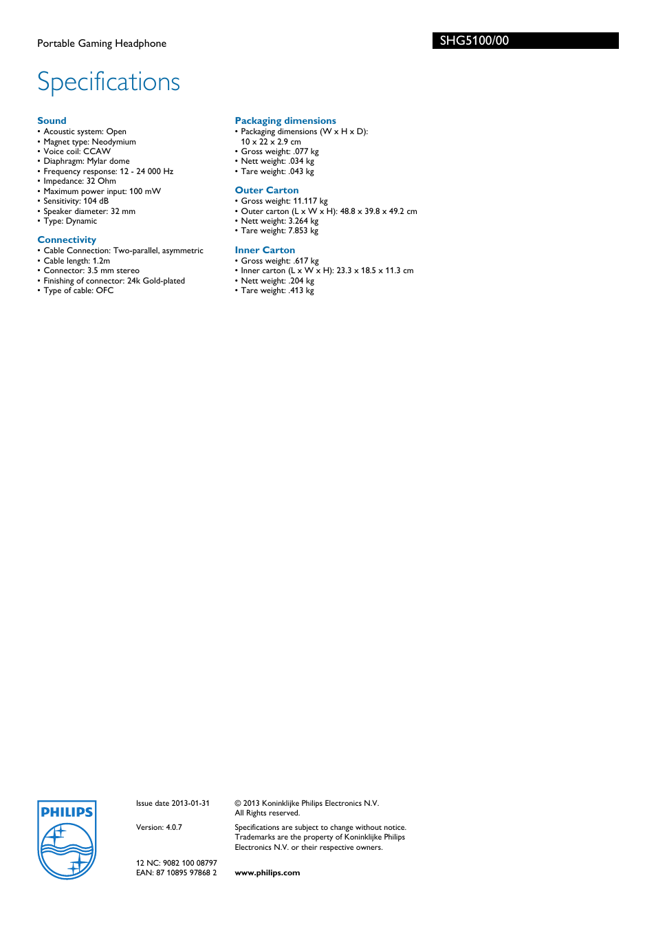 Specifications | Philips SHG5100-00 User Manual | Page 2 / 2
