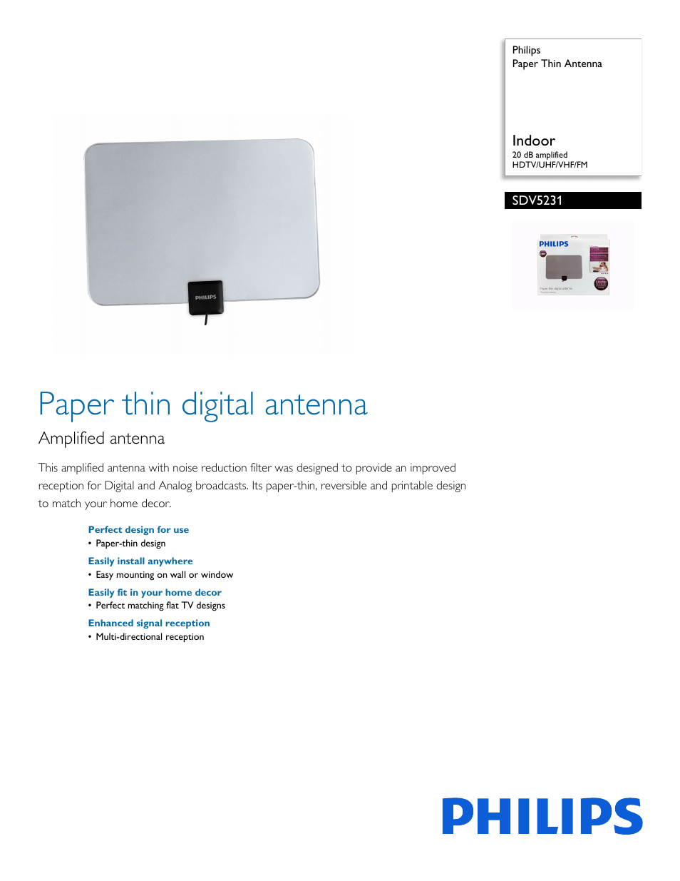 Philips Paper Thin Antenna SDV5231 Indoor 20 dB amplified HDTV-UHF-VHF-FM User Manual | 2 pages