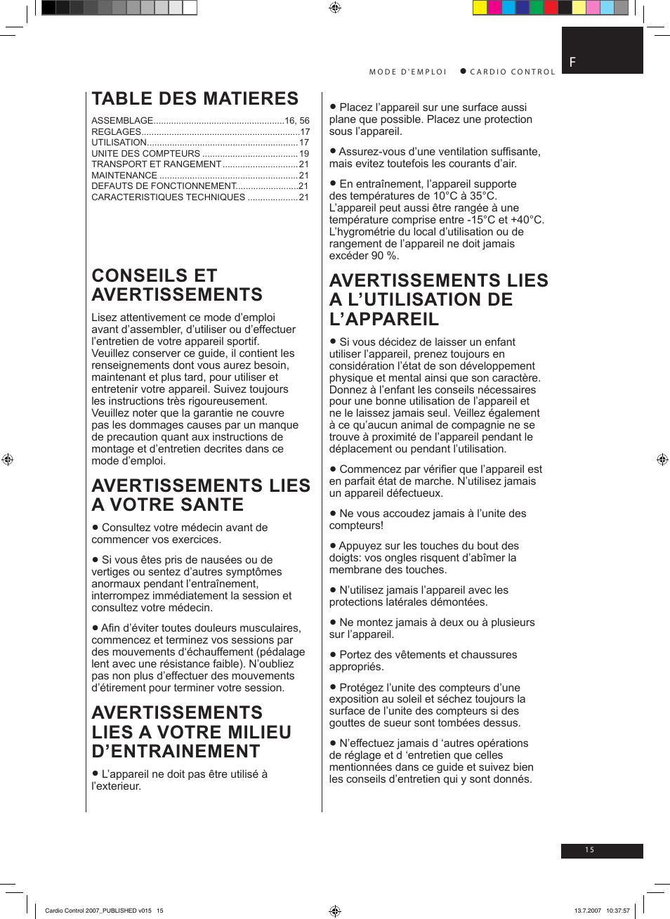 Table des matieres, Conseils et avertissements, Avertissements lies a votre sante | Avertissements lies a votre milieu d’entrainement, Avertissements lies a l’utilisation de l’appareil | Accell Cardio Control User Manual | Page 15 / 64