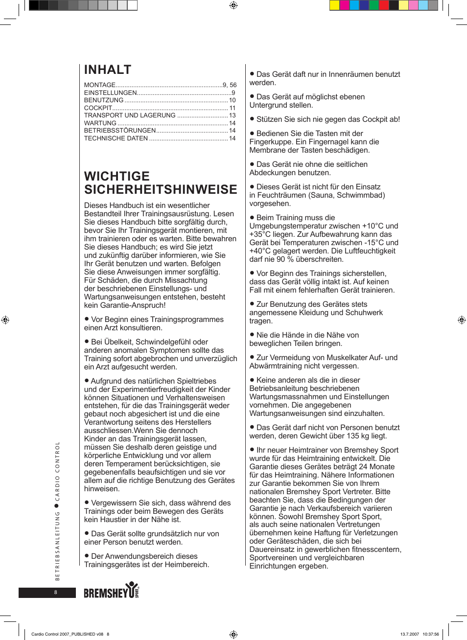 Inhalt, Wichtige sicherheitshinweise | Accell Cardio Control User Manual | Page 8 / 64