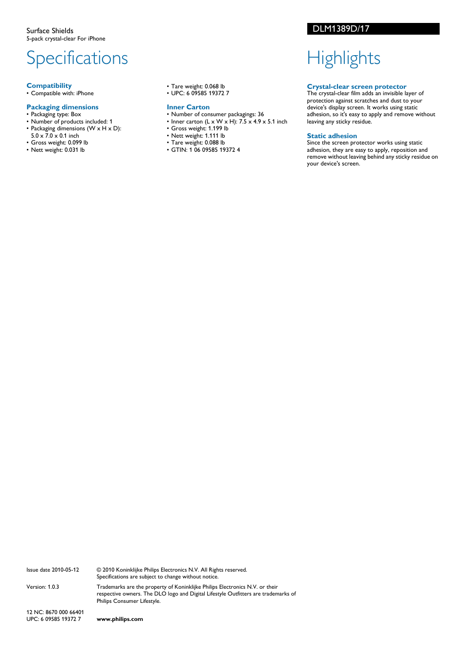 Specifications, Highlights | Philips DLM1389D-17 User Manual | Page 2 / 2