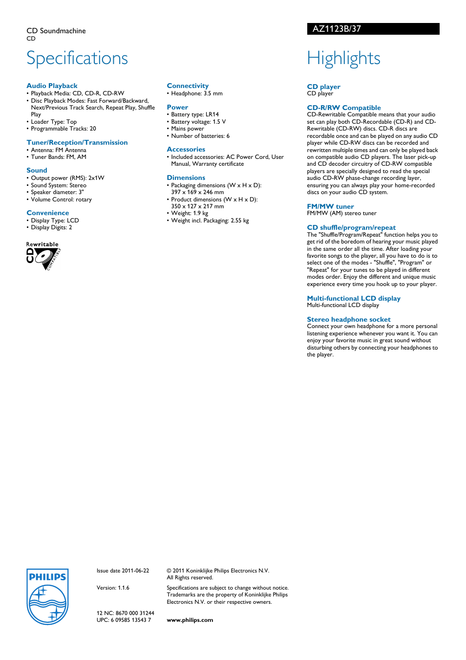 Specifications, Highlights | Philips AZ1123B-37 User Manual | Page 2 / 2