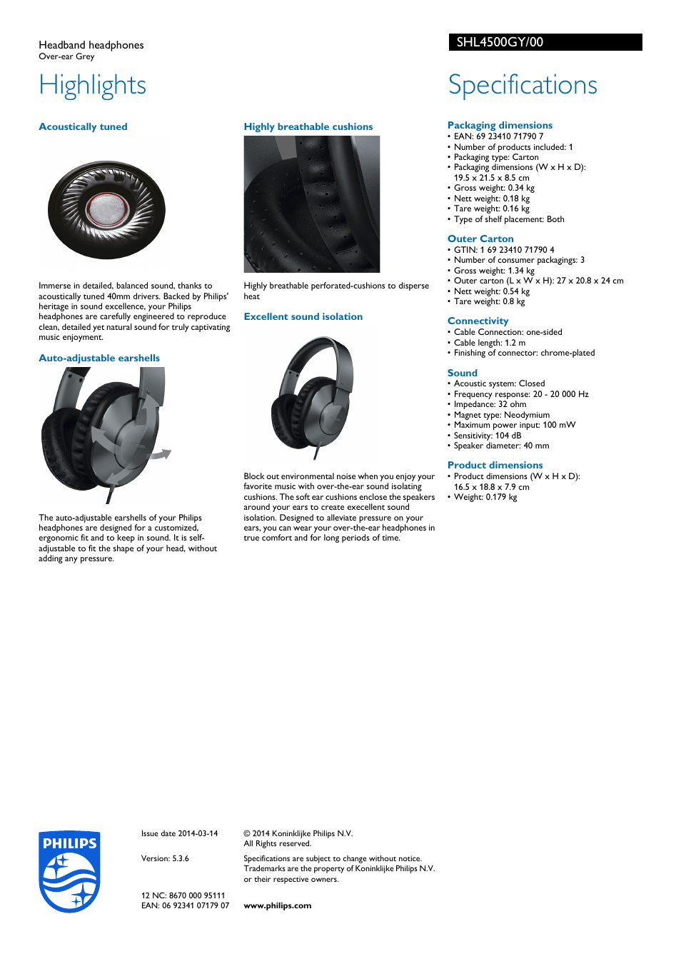 Highlights, Specifications | Philips SHL4500GY-00 User Manual | Page 2 / 2