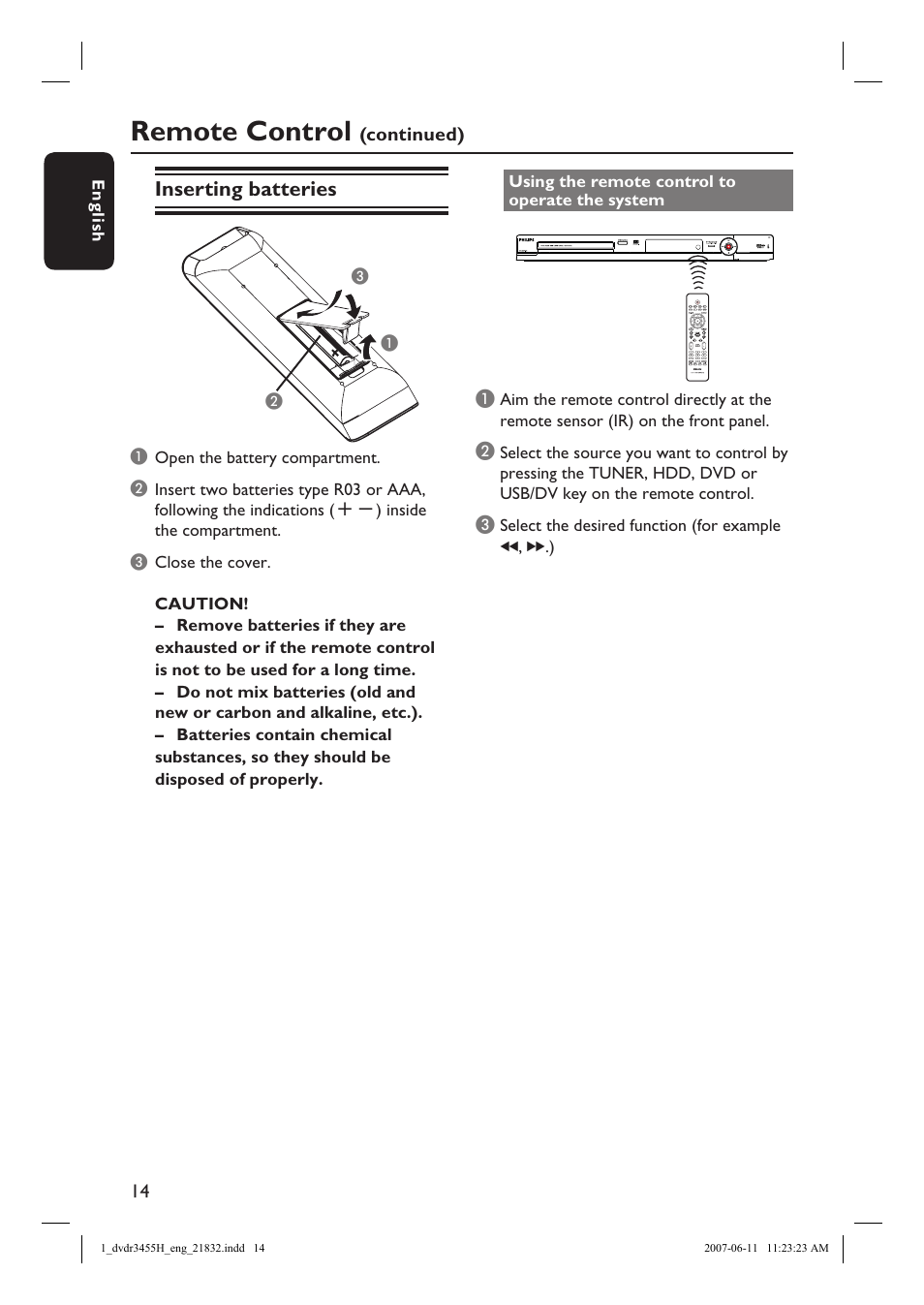 Remote control, Inserting batteries | Philips DVDR3455H-37 User Manual | Page 14 / 83