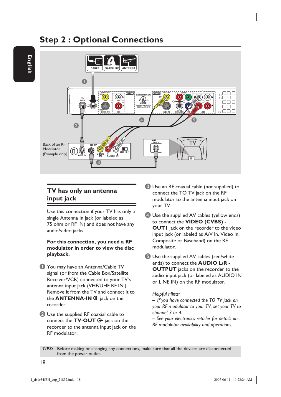 Step 2 : optional connections, Tv has only an antenna input jack, English | Ab c d e | Philips DVDR3455H-37 User Manual | Page 18 / 83