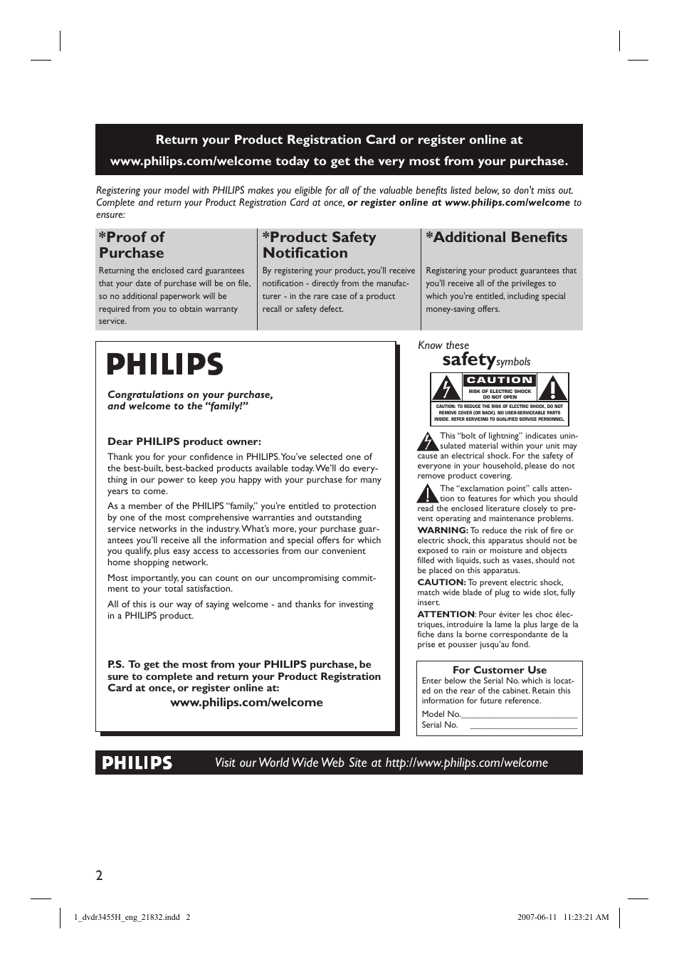 Safety, Proof of purchase, Product safety notification | Additional benefits | Philips DVDR3455H-37 User Manual | Page 2 / 83