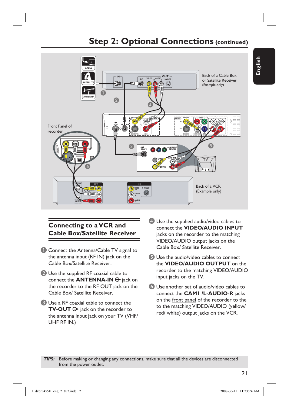 Step 2: optional connections, Continued), English | Bc e d | Philips DVDR3455H-37 User Manual | Page 21 / 83