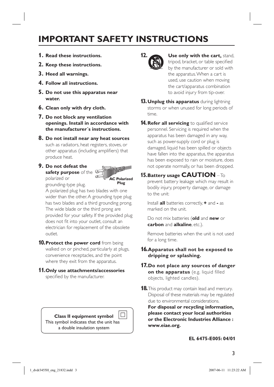 Important safety instructions, Caution | Philips DVDR3455H-37 User Manual | Page 3 / 83