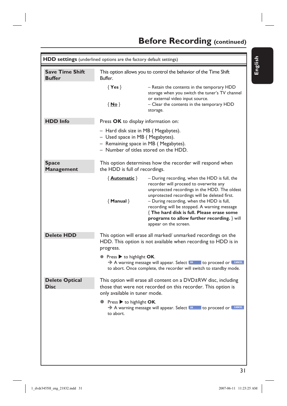 Before recording, Continued) | Philips DVDR3455H-37 User Manual | Page 31 / 83