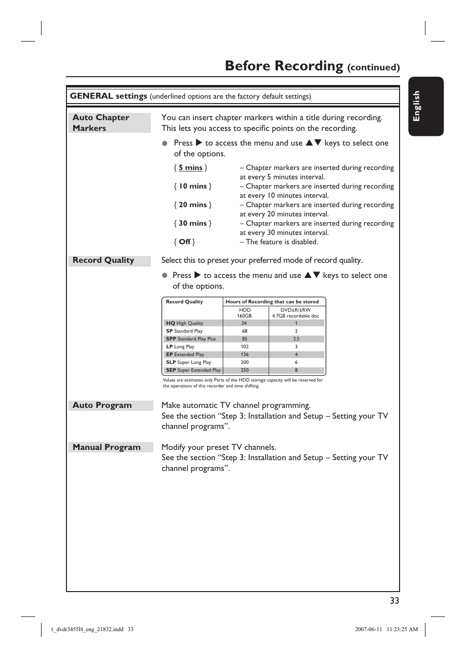 Before recording, Continued) | Philips DVDR3455H-37 User Manual | Page 33 / 83