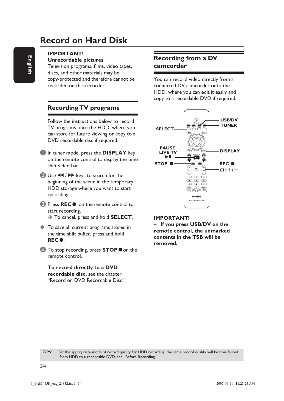 Record on hard disk, Recording tv programs, Recording from a dv camcorder | Philips DVDR3455H-37 User Manual | Page 34 / 83