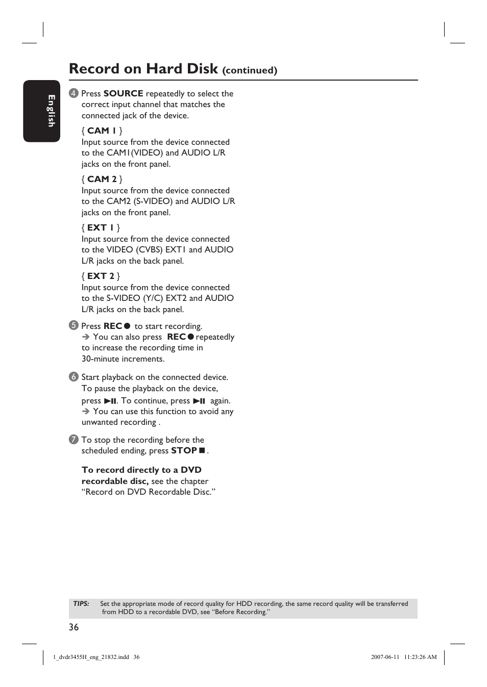 Record on hard disk | Philips DVDR3455H-37 User Manual | Page 36 / 83