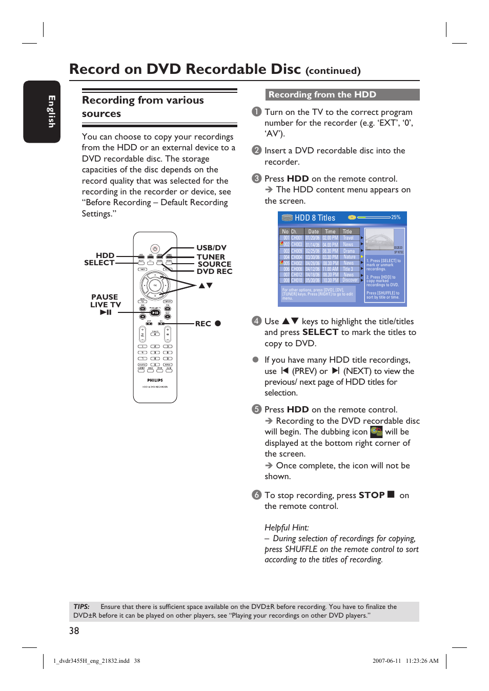 Record on dvd recordable disc, Recording from various sources, Continued) | English, Recording from the hdd, Insert a dvd recordable disc into the recorder | Philips DVDR3455H-37 User Manual | Page 38 / 83