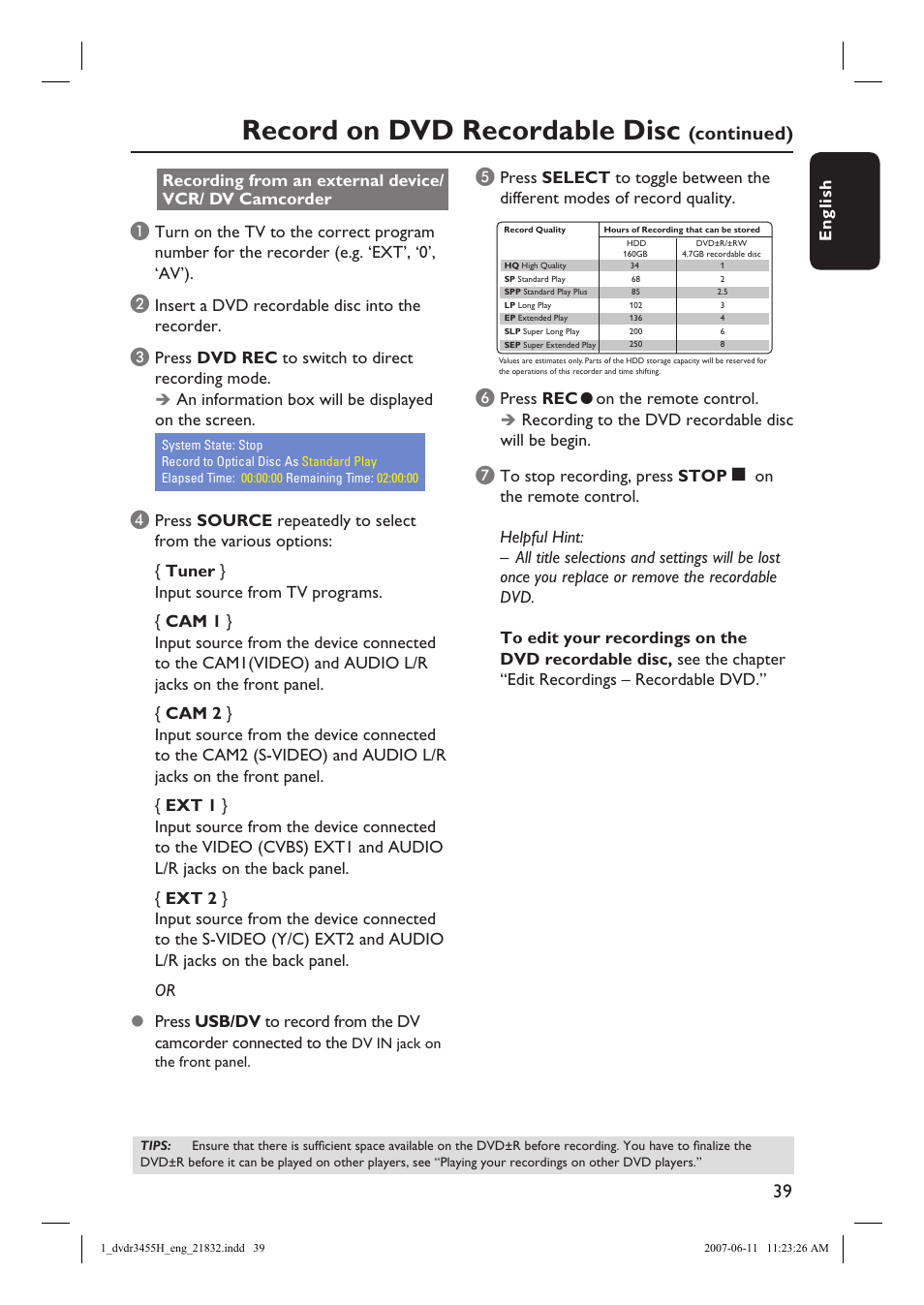 Record on dvd recordable disc, Continued) | Philips DVDR3455H-37 User Manual | Page 39 / 83