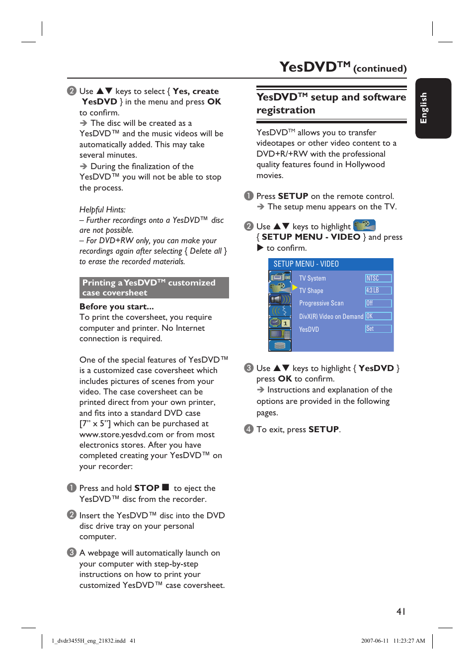 Yesdvd, Setup and software registration | Philips DVDR3455H-37 User Manual | Page 41 / 83