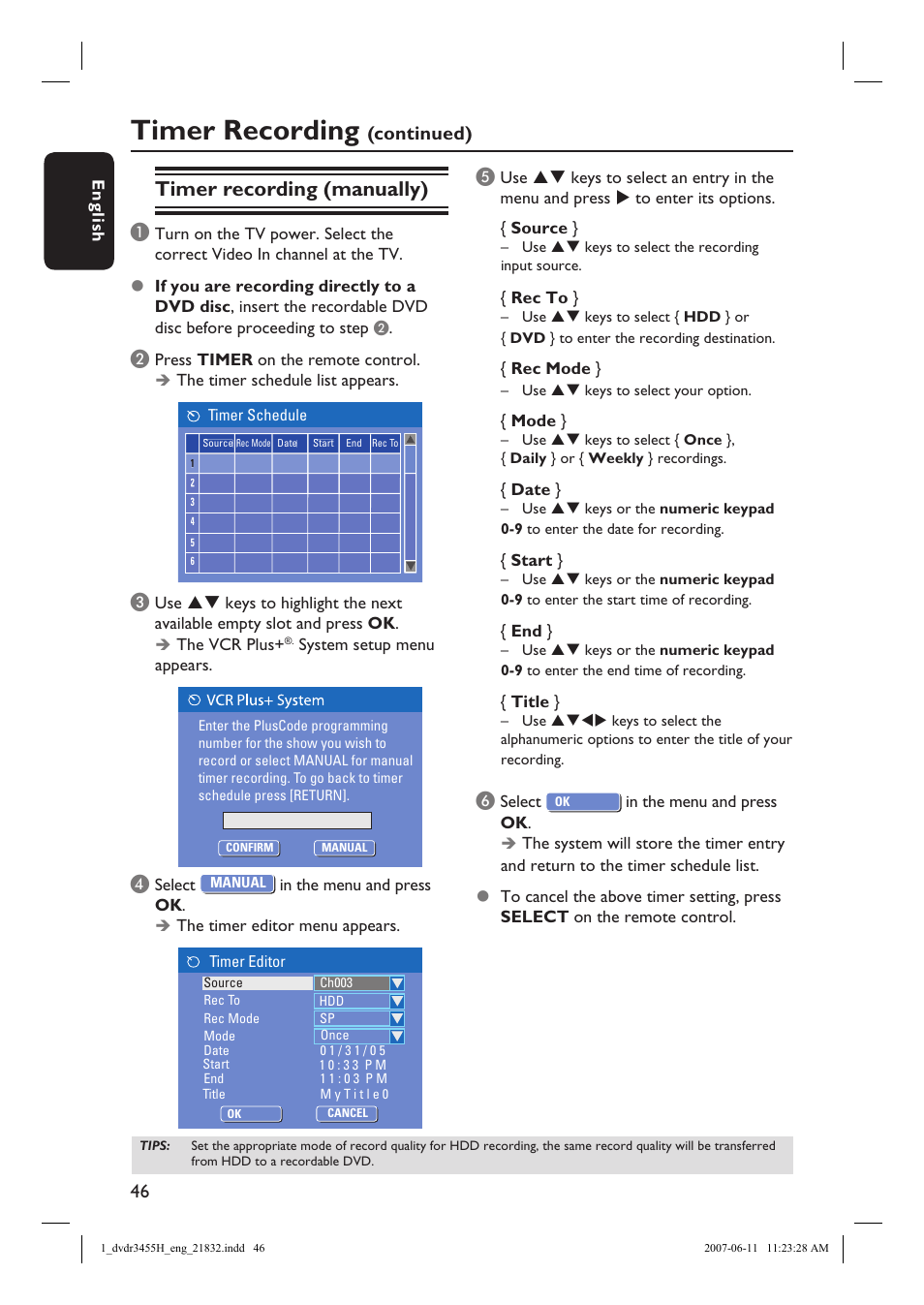 Timer recording, Timer recording (manually), Continued) | Philips DVDR3455H-37 User Manual | Page 46 / 83