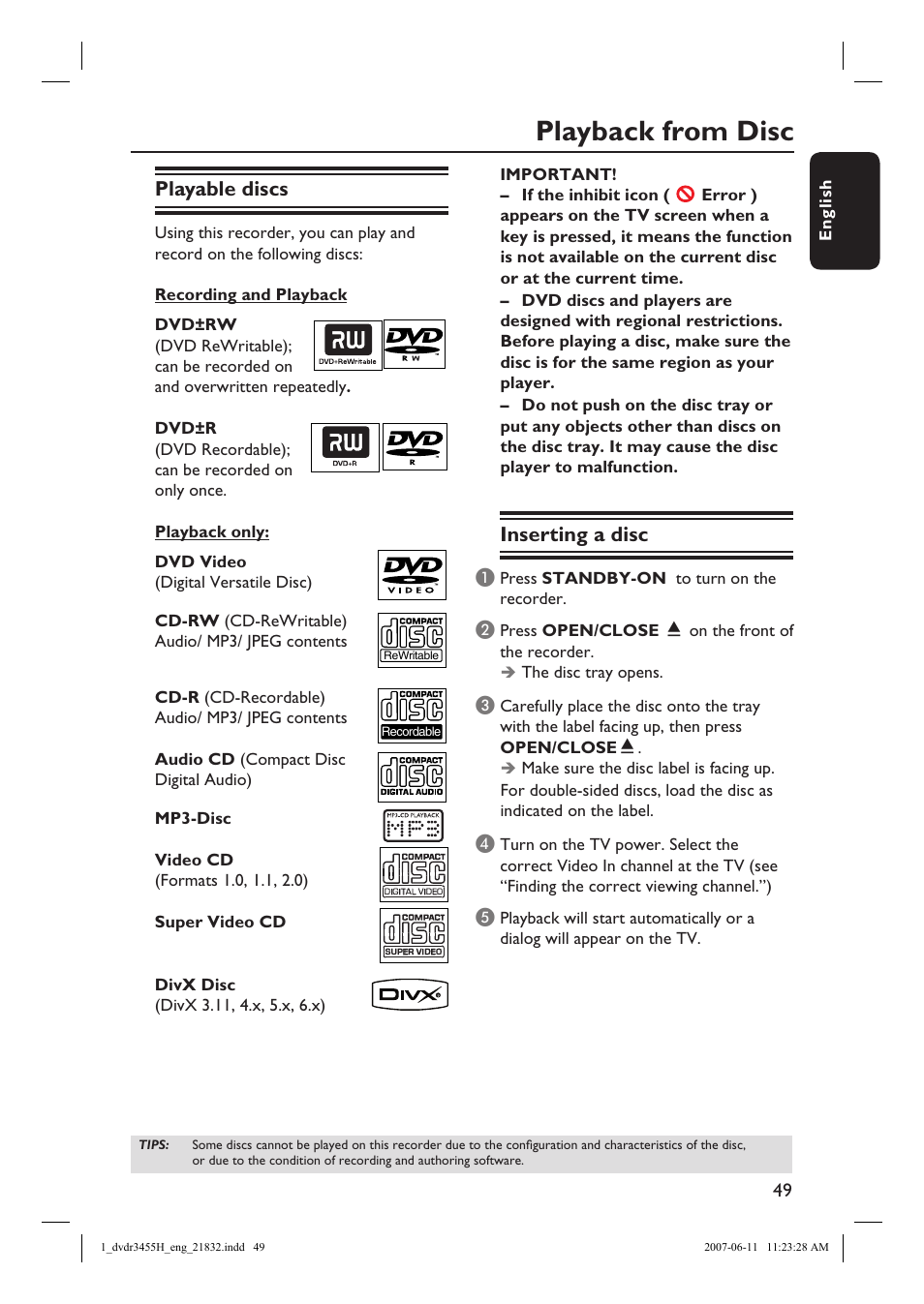 Playback from disc, Playable discs, Inserting a disc | Philips DVDR3455H-37 User Manual | Page 49 / 83