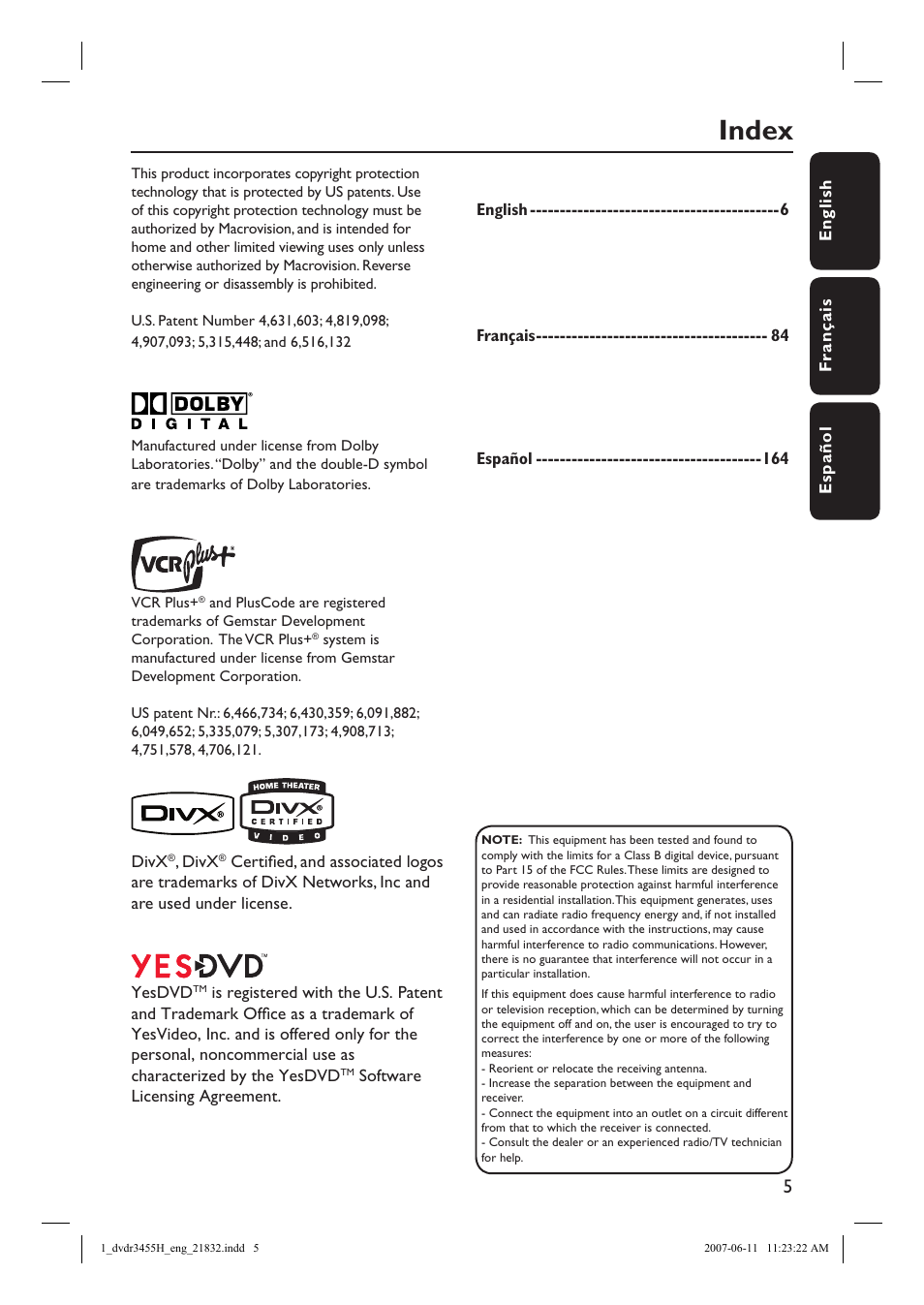 Index | Philips DVDR3455H-37 User Manual | Page 5 / 83