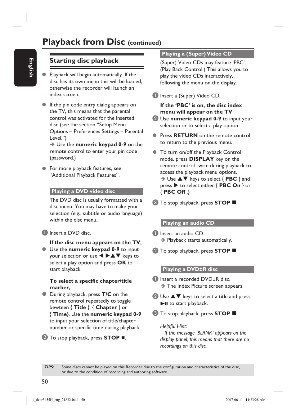 Playback from disc, Starting disc playback | Philips DVDR3455H-37 User Manual | Page 50 / 83