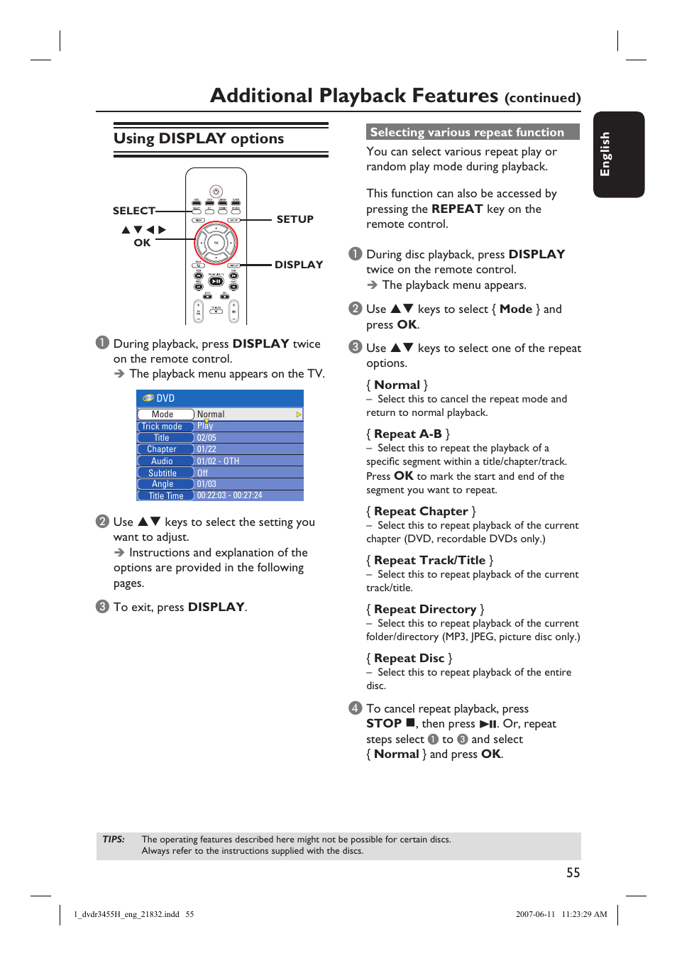 Additional playback features, Using display options | Philips DVDR3455H-37 User Manual | Page 55 / 83