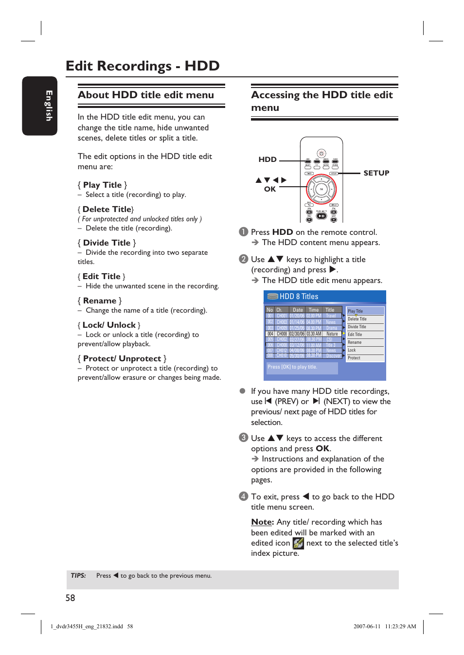 Edit recordings - hdd, About hdd title edit menu, Accessing the hdd title edit menu | English, Delete title, Divide title, Edit title, Rename, Lock/ unlock, Protect/ unprotect | Philips DVDR3455H-37 User Manual | Page 58 / 83