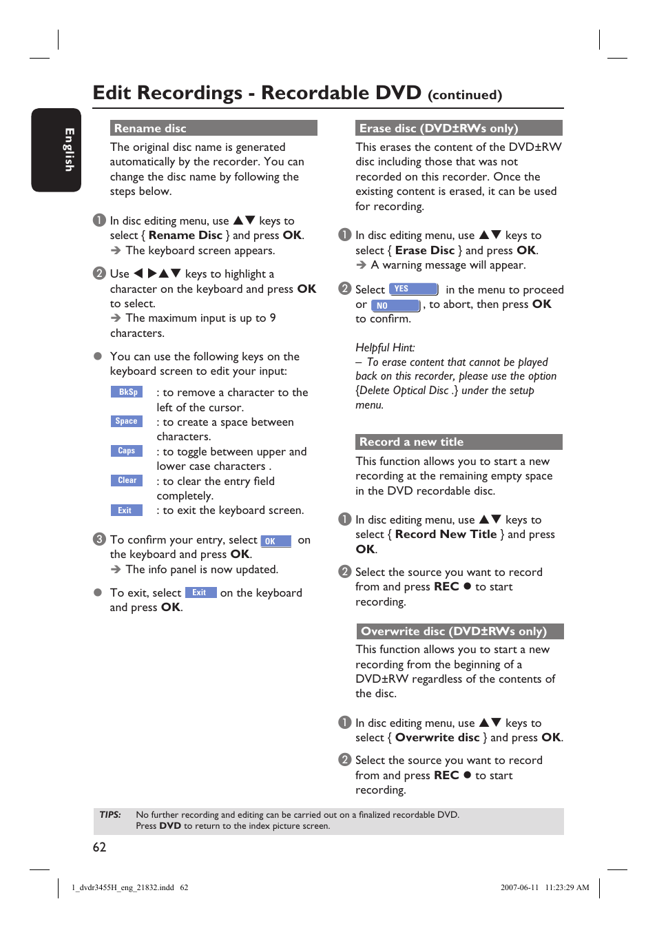 Edit recordings - recordable dvd | Philips DVDR3455H-37 User Manual | Page 62 / 83